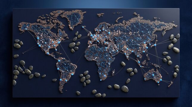 Abstract world map illuminated with glowing points and textured elements, global network concept