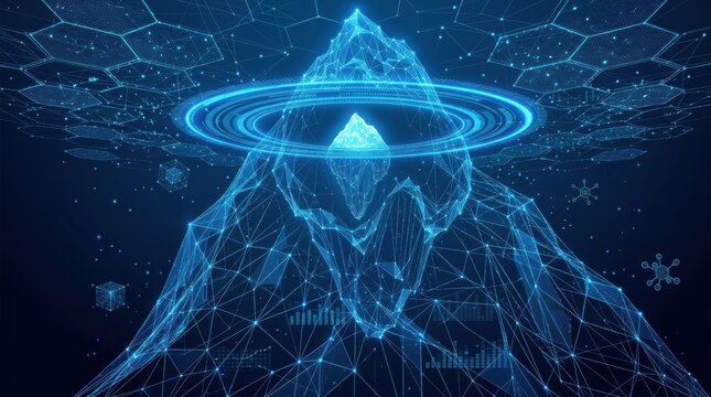 Abstract digital mountain peak with glowing blue data streams and holographic overlay, representing technology and data analysis