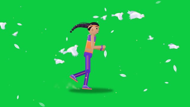Animated 2D Vector Style Young Woman Jogging for Fitness Training with Flying White Petals on a Green Screen Background