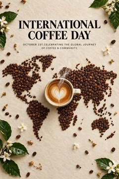 Coffee cup and roasted beans arranged as a world map flat lay