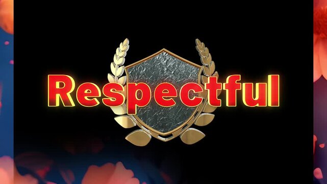 Three dimensional red text reading respectful centered with a golden shield with background with background