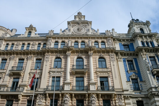 Riga, Latvia &ndash; Detailed exterior view of the ornate Art Nouveau facade of the Stockholm School of Economics building located at Strelnieku iela 4a in the city center.