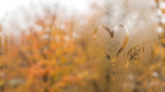 Heart shape drawn on a foggy window with autumn trees in the blurred background condensation romantic affection moisture outdoors melancholy
