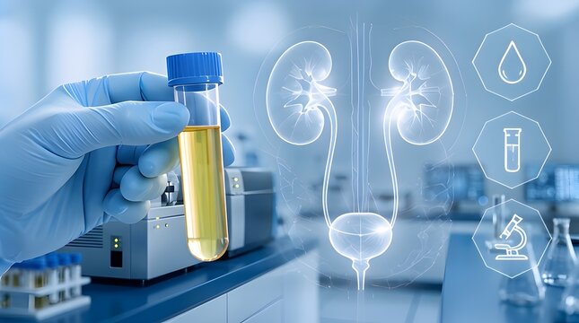 A lab technician holding a urine sample test tube in a modern medical laboratory with digital graphic overlays of the human urinary system including kidneys and bladder for clinical diagnosis.