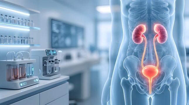 Medical Illustration of the Human Urinary System Highlighting Kidneys and Bladder in a Modern Clinical Laboratory Setting, Concepts of Urology, Nephrology, and Diagnostic Healthcare Visualization
