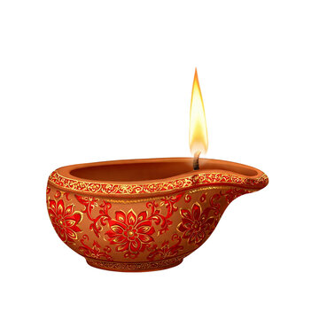 Traditional Indian Clay Diya Oil Lamp with Golden Flame Isolated on Transparent Background