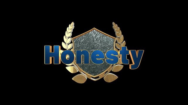 Blue text word honesty with silver shield and golden laurel wreath emblem rotating smoothly on black background with dimensional graphic emblem