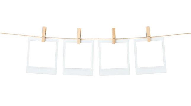 Four blank instant photo frames hanging on string isolated on transparent background