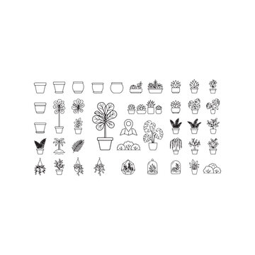 Cozy home interior potted houseplants greenhouse succulents and blank flowerpots outline icon bundle featuring linear sketches of monstera fern and glass terrariums.