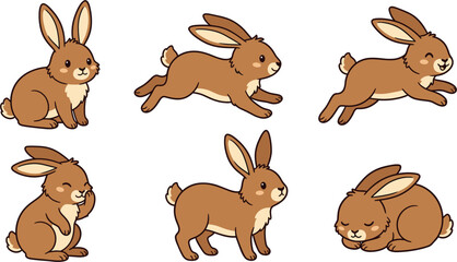 Fototapeta premium Cute brown bunny cartoon vector character set featuring different adorable poses for children illustration design layout