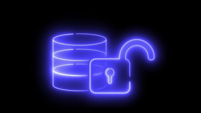 Glowing blue database icon with open padlock