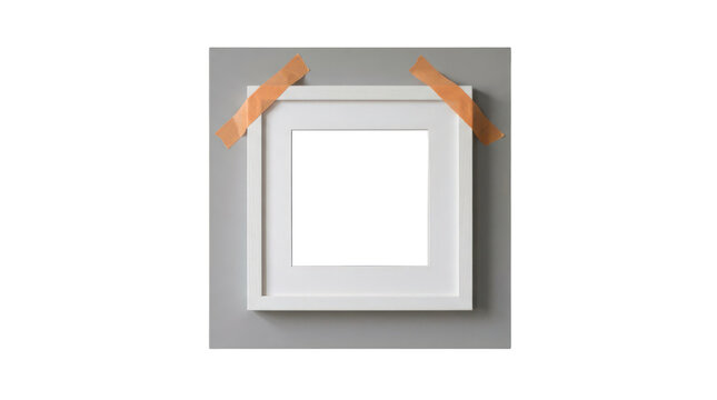A square white picture frame taped onto a grey wall isolated on transparent background