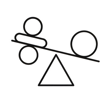 Abstract physics mechanics icon of an unbalanced scale with geometric shapes circle and oval isolated on white background.