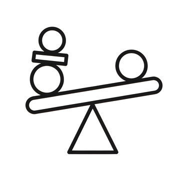 Minimalist line art illustration of a tilted balance scale with geometric shapes on fulcrum isolated on white background.