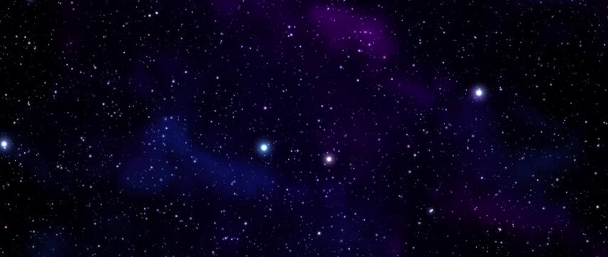 Glowing stars rise slowly past purple and blue nebula clouds in deep space with a faint meteor, cosmic background,