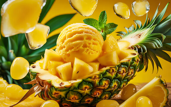 Vibrant yellow pineapple halved and filled with scoop of pineapple ice cream, surrounded by floating ice cubes and fruit chunks keywords: pineapple, pineapple ice cream, ice cream, sorbet, fruit