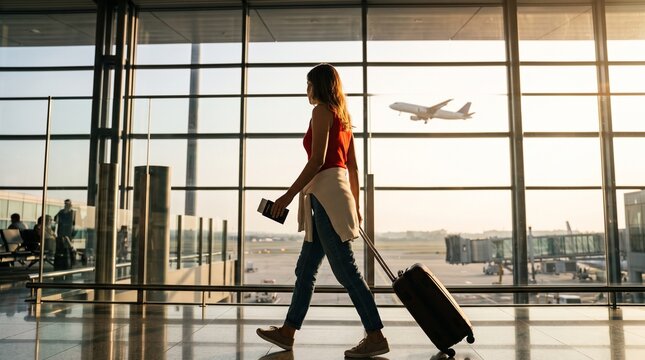 Side view of a young woman walking through an airport terminal with a suitcase and passport, with an airplane taking off in the background during sunset