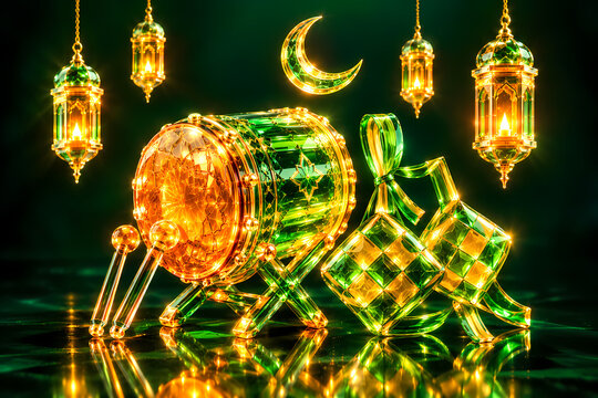 Crystal Ketupat and Bedug Drum with Gold Crescent Moon Eid Mubarak