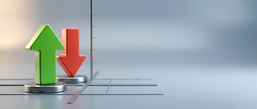 3D Render of Green Upward and Red Downward Arrows on a Coordinate Grid Representing Stock Market Fluctuations, Financial Data Analysis, Business Growth, Loss, and Economic Volatility Trends
