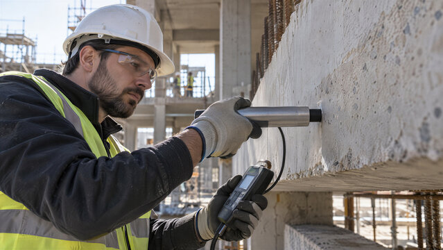 Construction engineer performing non destructive testing NDT on concrete beam structure using Schmidt rebound hammer device at site