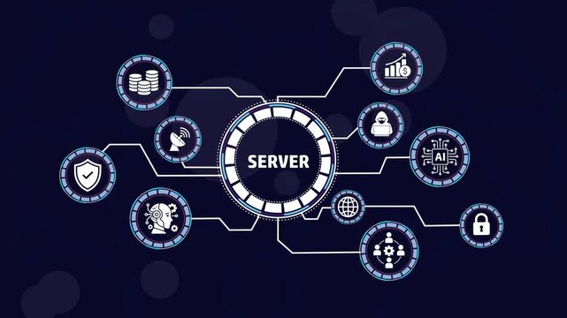 Advanced server network infrastructure infographic featuring interconnected digital for artificial intelligence, cybersecurity, cloud computing, data management, and global connectivity solutions