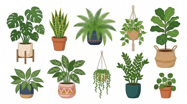 Collection of various indoor potted plants and hanging botanical