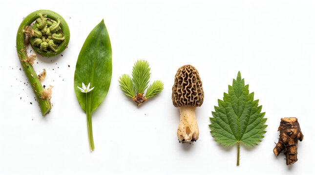 Six wild foraged spring edible weeds and morel mushroom isolated on white