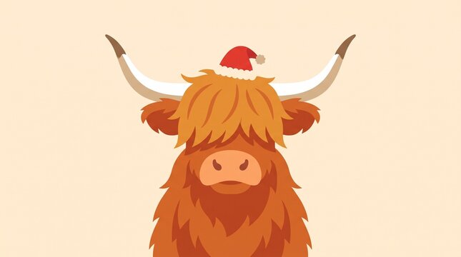 Cute highland cow wearing a red santa hat for christmas holiday