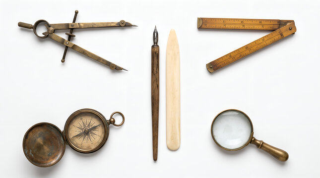 Six antique brass cartography and navigation drafting tools on white