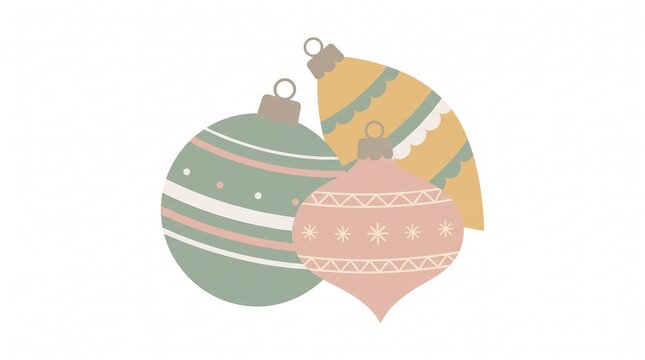 Three minimalist christmas baubles with pastel patterns isolated on a
