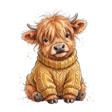 Cute baby highland cow wearing a warm yellow knitted sweater isolated