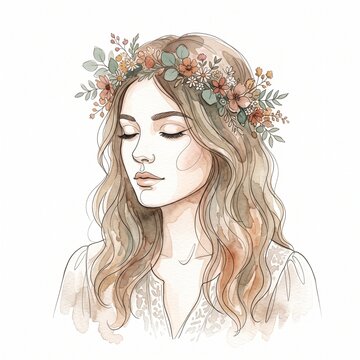 Young woman with floral crown illustration wearing bohemian style