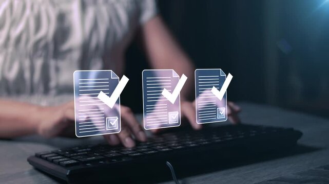 Business professional verifying digital documents with compliance inspection, quality control, and approval validation to ensure accuracy, regulatory standards, and reliable document management.