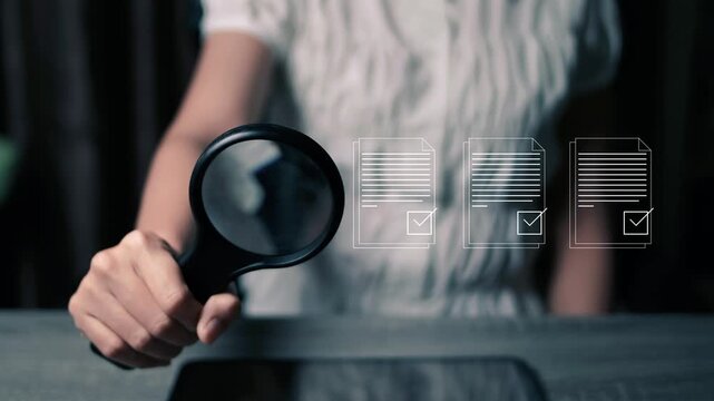 Digital document audit concept, person holding magnifying glass inspecting checklist document icons, compliance review and quality control.