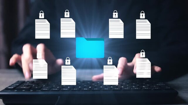 Password protected folder and encrypted documents on a secure digital interface, illustrating confidential file storage, access control, data privacy, and information security.