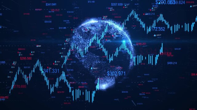 Global financial stock market chart background, glowing blue line graph with dollar currency values, digital particle earth globe, economy investment concept.
