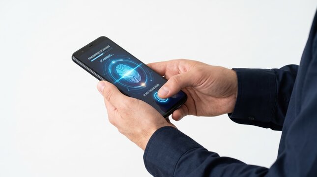 Close-up of hands using fingerprint scanning security feature on a smartphone screen, demonstrating biometric authentication and mobile device privacy protection technology.