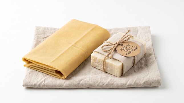 Artisan soap wrapped in reusable natural beeswax coated fabric with hemp string