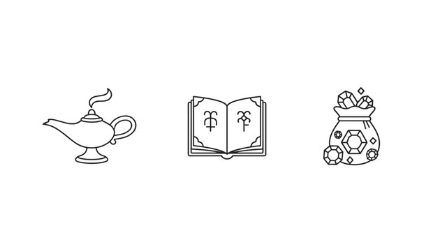 Arabian nights magical adventure outline icons showing genies lamp, open spellbook, and bag of glittering gems.