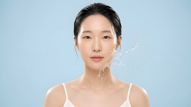 Young woman with wet hair receiving water splash on face against blue background