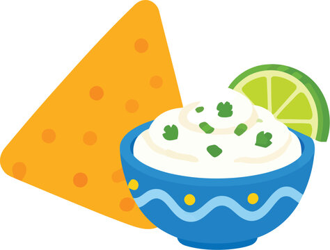 Delicious nacho chip served alongside creamy white dip in bowl with lime slice vector illustration