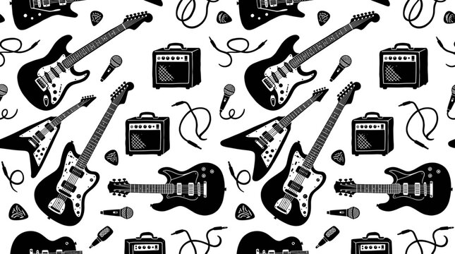Rock music seamless pattern featuring electric guitars, amplifiers, microphones, guitar picks, and audio cables in monochrome black and white style