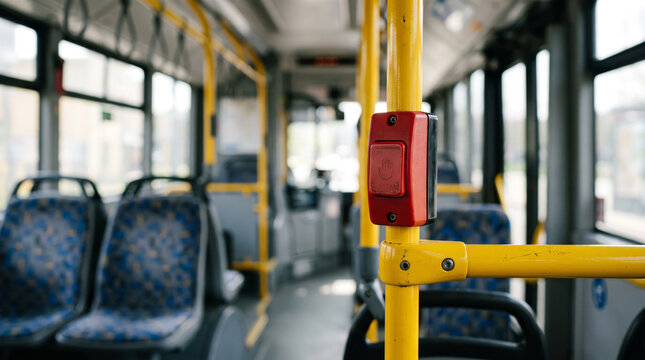 Red Stop Request Button On A Yellow Bus Handrail