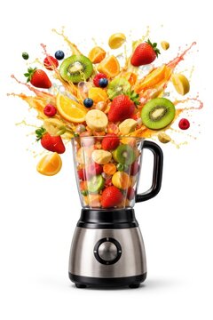 A blender exploding with colorful fruits and juices on a white background.