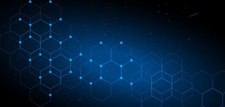 Abstract technology background with glowing blue hexagon grid and particles, Modern dark cyberpunk backdrop with blue connecting dots and honeycomb structure, Creative high tech black background