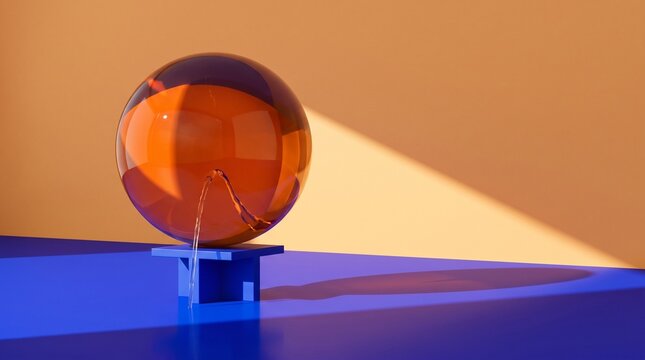 Glowing orange glass sphere resting securely upon a sleek blue geometric pedestal creating dramatic diagonal shadows across warm golden surfaces featuring glossy reflections transparent textures minim