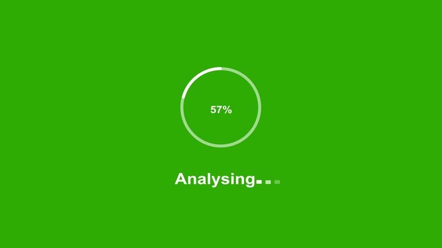 Digital data processing animation featuring a circular progress bar loading percentage indicator with analysing text overlay on a vibrant chroma key green screen background, for seamless composition
