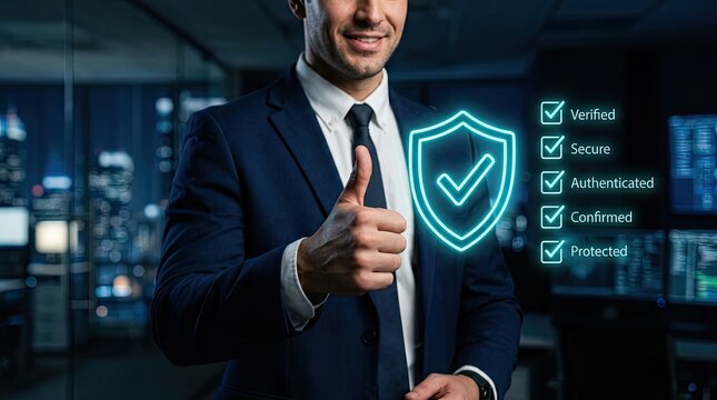 Cybersecurity and data protection concept. Businessman in suit giving thumbs-up with digital shield icon showing verified secure authenticated confirmed protected labels