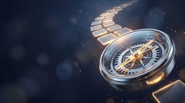 Strategic direction guiding business journey, Golden compass pointing forward, Winding path of stepping stones, Ideal for strategy planning backgrounds