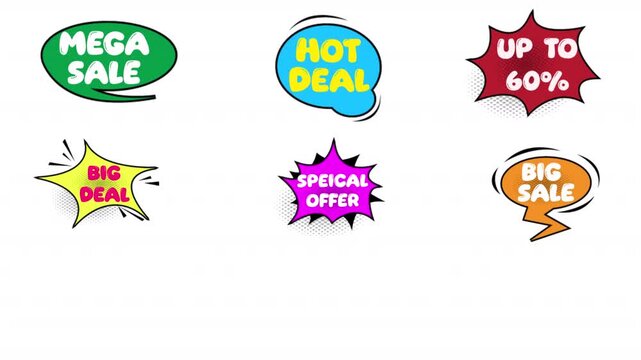 Set of sales comic bubble sign animation on transparent background, set of sales label promotion animated with alpha channel.